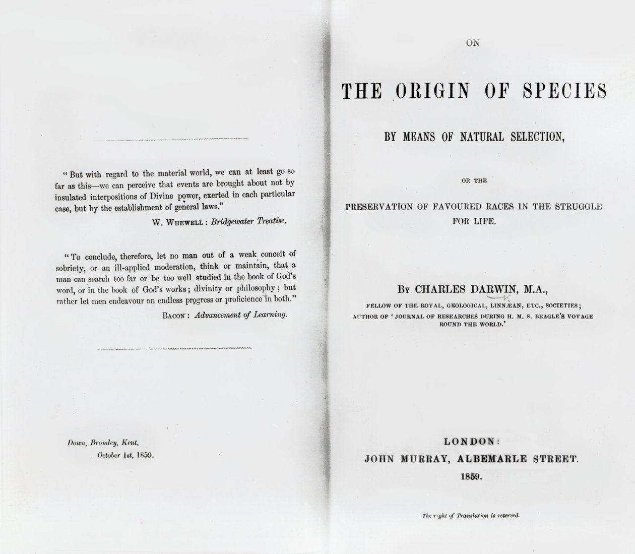 صفحة العنوان عن أصل الأنواع بقلم تشارلز داروين ، نُشرت عام 1859 بواسطة مدرسة اللغة الإنجليزية