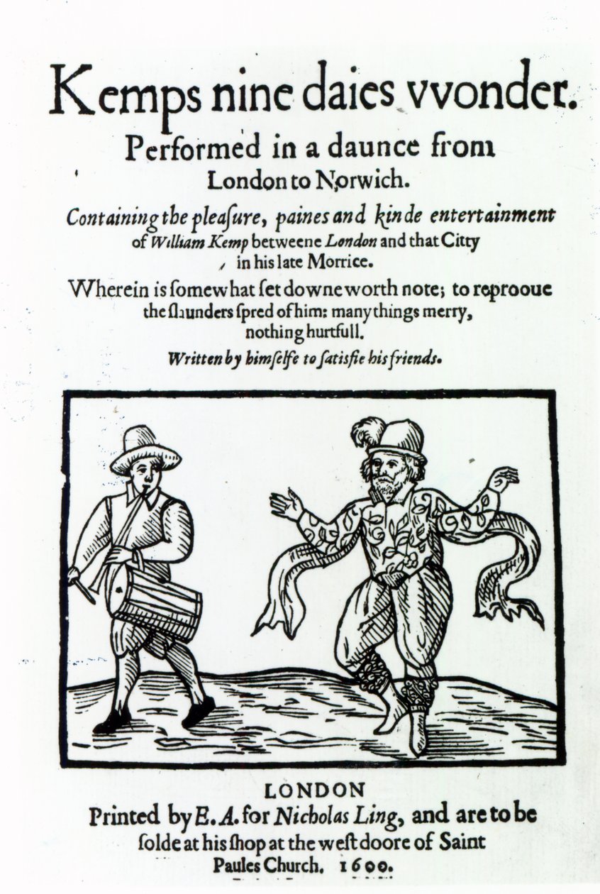 صفحة العنوان لـ William Kemps Nine Days Wonder ، نُشرت عام 1600 بواسطة مدرسة اللغة الإنجليزية