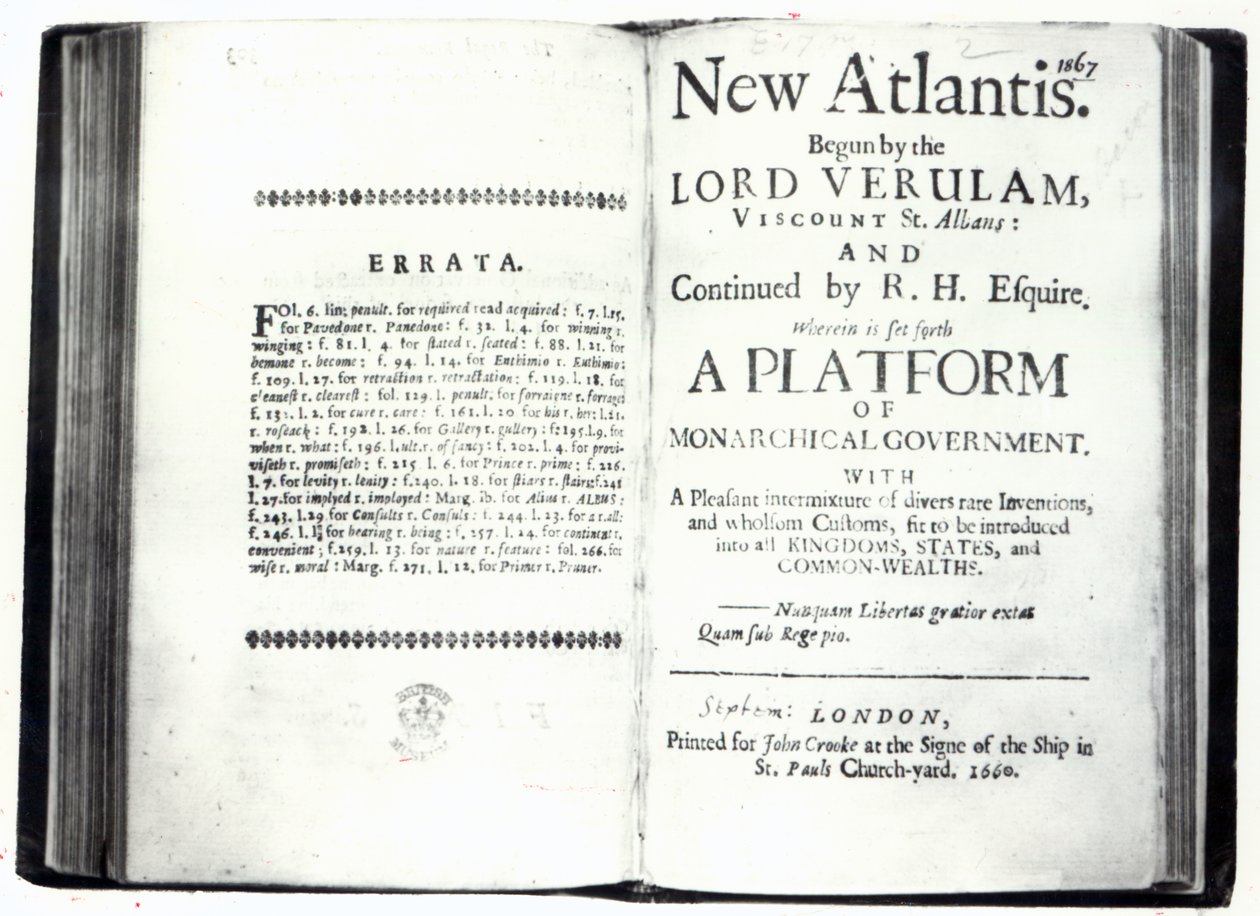 صفحات العنوان لفرانسيس بيكونز نيو أتلانتس ، طبعة نُشرت عام 1660 (مطبوعة) بواسطة مدرسة اللغة الإنجليزية