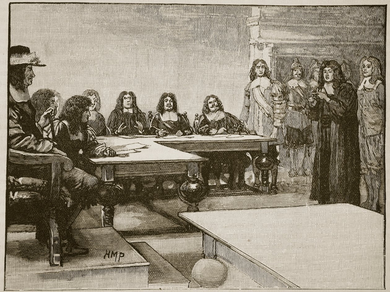 تيتوس أوتس أمام مجلس الملكة الخاص ، رسم توضيحي من Cassells Illustrated History of England (sepia photo) بواسطة مدرسة اللغة الإنجليزية