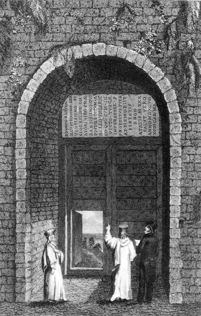 شاهد قبر السفير البريطاني إدوارد بارتون (ت 1559) فوق بوابة دير في جزر الأمراء ، من مقر الإقامة في القسطنطينية بقلم روبرت والش ، 1836 بواسطة مدرسة اللغة الإنجليزية