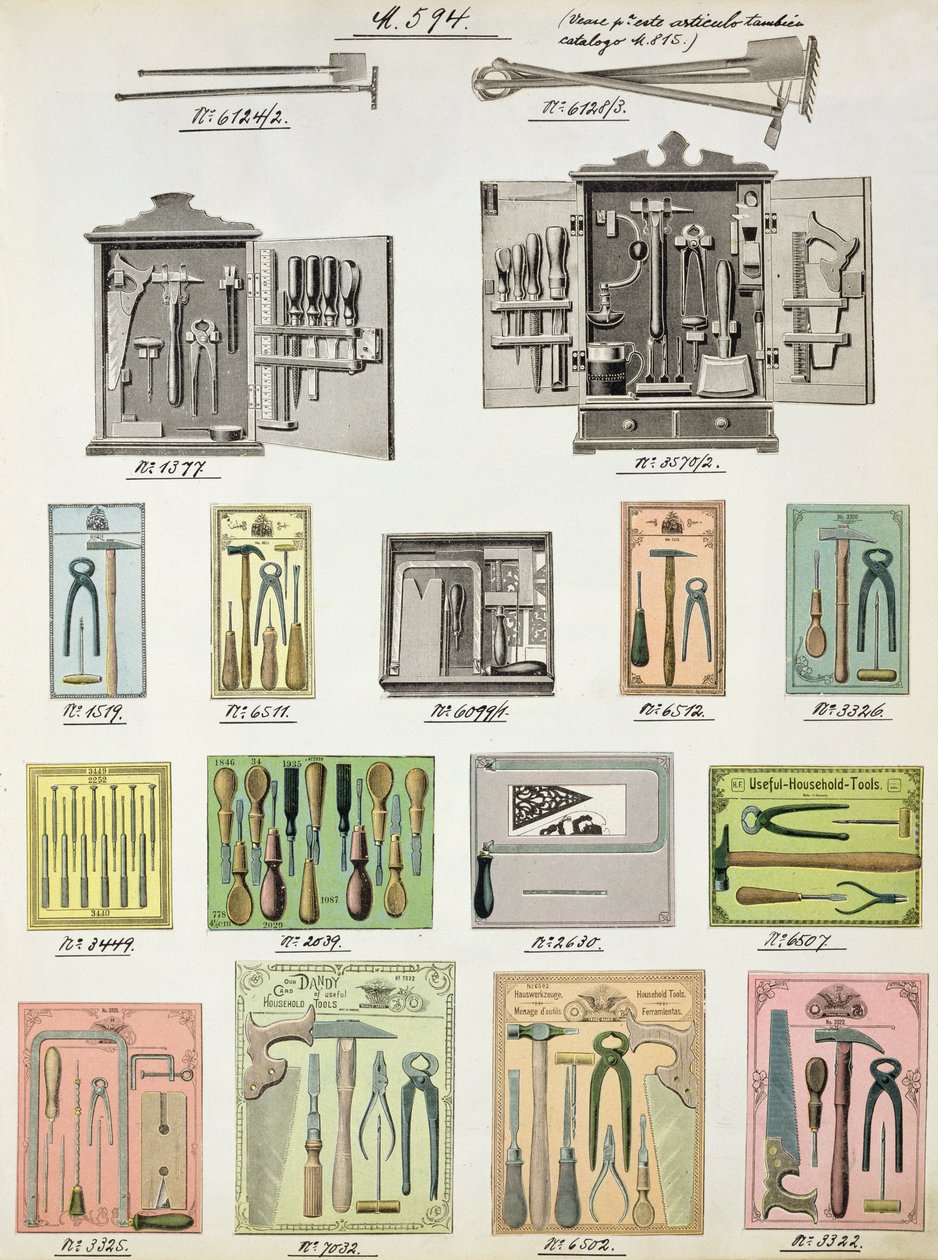 الأدوات وصناديق الأدوات من كتالوج تجاري للسلع والتجهيزات المحلية ، 1890-1910 بواسطة مدرسة اللغة الإنجليزية