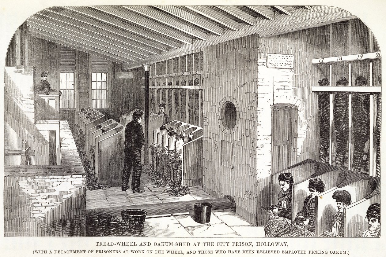 فقي العجلة و Oakum-Shed في سجن المدينة ، هولواي ، من السجون الجنائية في لندن ومناظر حياة السجن بقلم هنري مايهيو (1812-1887) وجون بيني ، 1862 بواسطة مدرسة اللغة الإنجليزية
