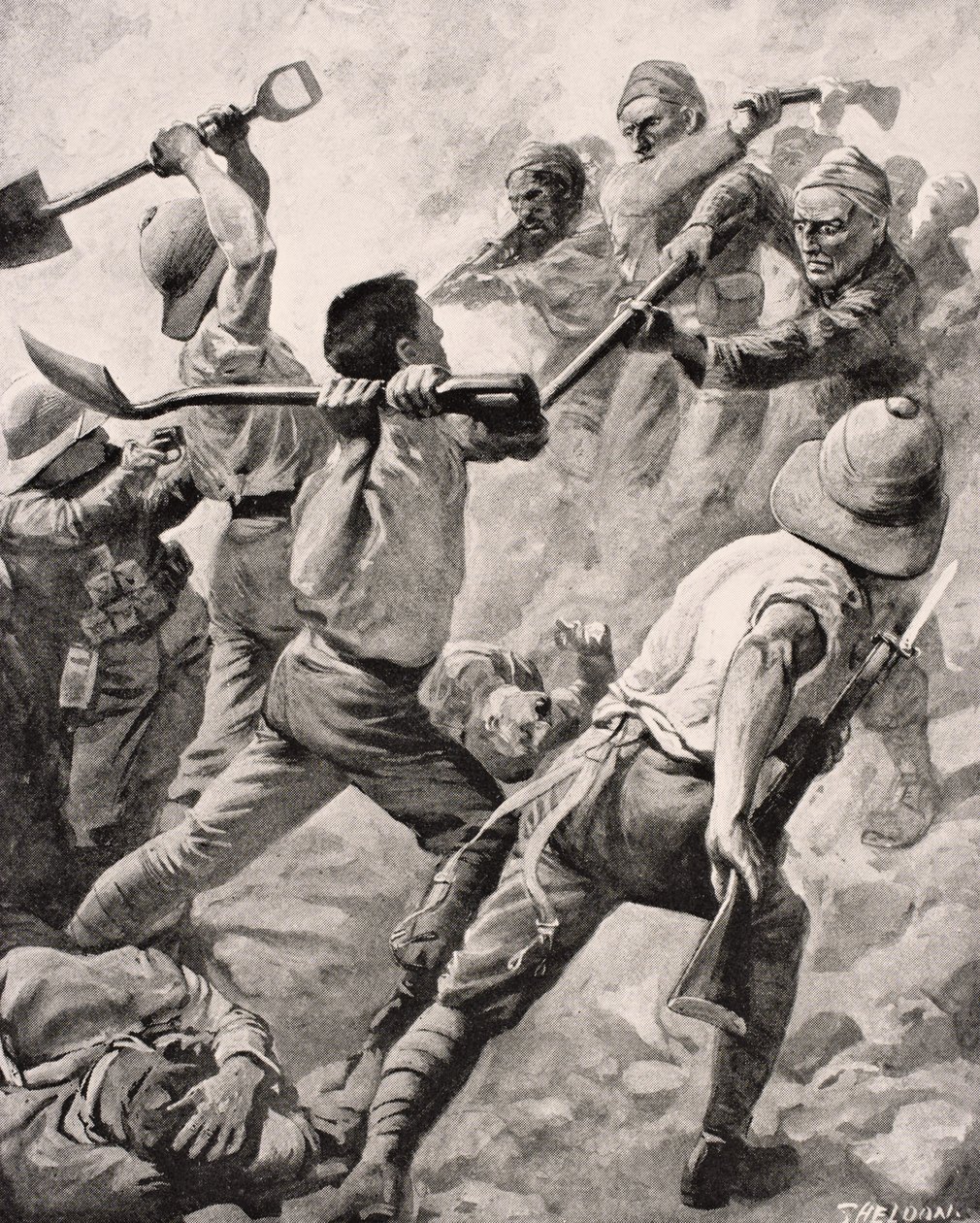 الجنود الأتراك والبريطانيون يدا بيد للقتال في شبه جزيرة جاليبولي تركيا 1915 ، من "ألبوم الحرب المصور deLuxe" ، الذي نشر في لندن ، 1916 بواسطة مدرسة اللغة الإنجليزية