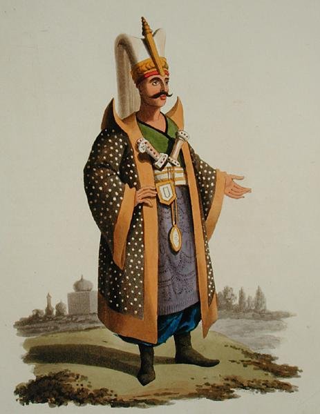 محارب تركي ، من "أزياء الأمم المختلفة" ، المجلد السابع ، "الزي العسكري لتركيا" ، بقلم توماس ماكلين ، نُشر عام 1800-18 (مائي ملون يدويًا) بواسطة مدرسة اللغة الإنجليزية