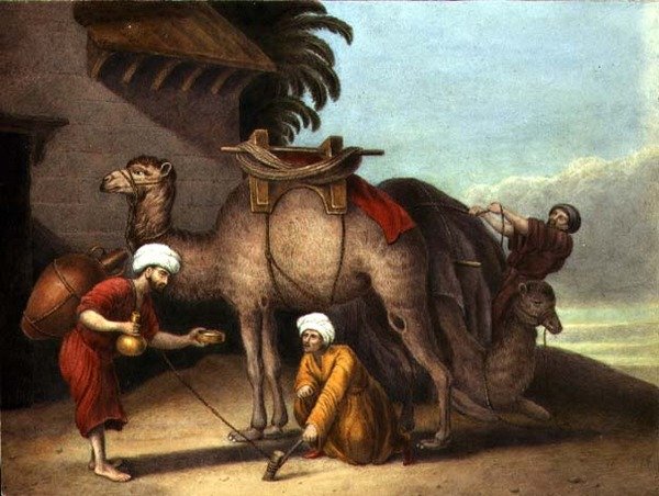 جملين مع مرافقين ، حوالي 1825 (ألوان مائية على ورق) بواسطة مدرسة اللغة الإنجليزية