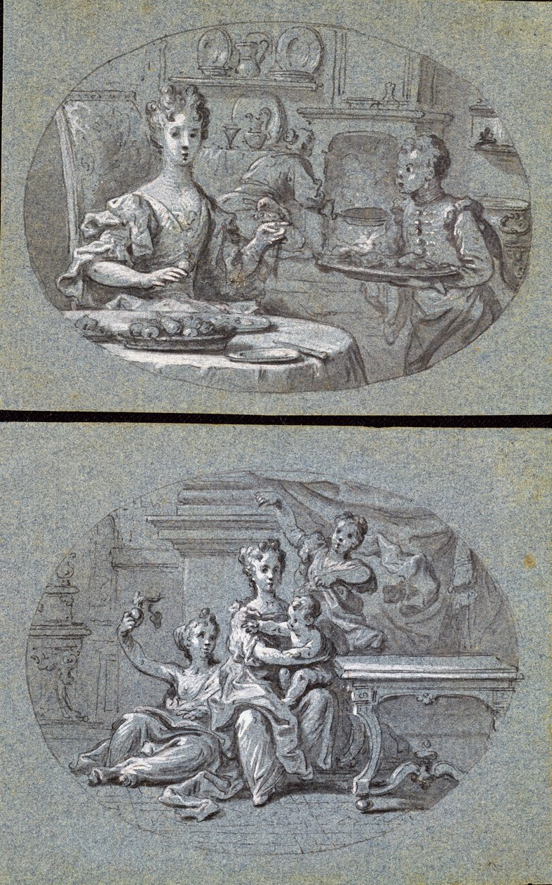 مشهدان محليان ، c.1725 (طباشير أبيض وأسود على ورق أزرق) بواسطة مدرسة اللغة الإنجليزية