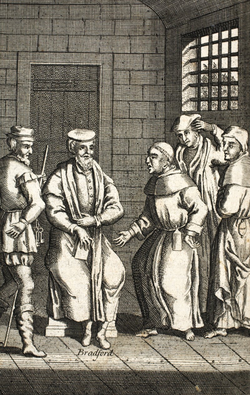 رهبان إسبانيان يتحدثان مع السيد برادفورد ، رسم توضيحي من شهداء الثعالب c.1703 99: كتاب الشهداء الثعالب ؛ جون فوكس ؛ c17th ؛ الثعالب. بواسطة مدرسة اللغة الإنجليزية