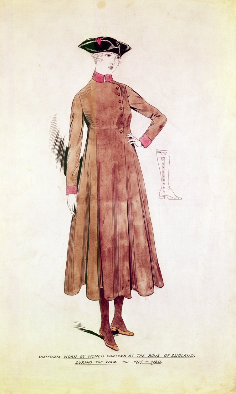 الزي الذي ترتديه النساء الحمالات في بنك إنجلترا 1917-20 (قلم وحبر مع مرحاض على ورق) بواسطة مدرسة اللغة الإنجليزية