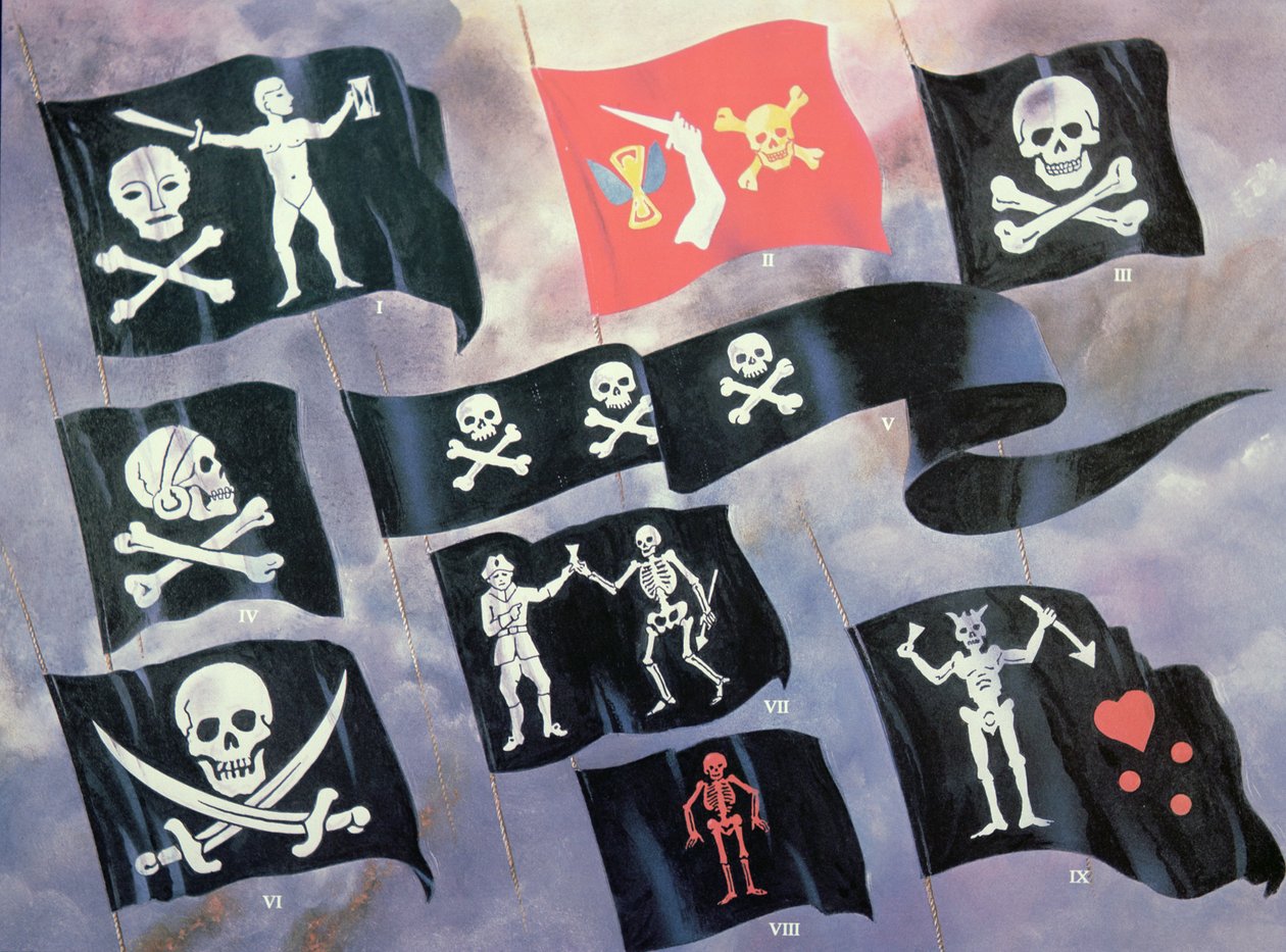 Various Flags used by Famous Pirates (colour litho) بواسطة مدرسة اللغة الإنجليزية