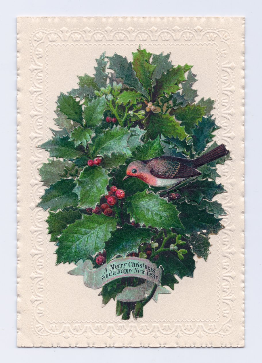 Victorian Christmas and New Year card of a robin in a bouquet of holly leaves, c.1880 (colour litho) بواسطة مدرسة اللغة الإنجليزية