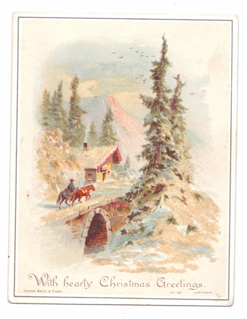 Victorian Christmas card of a man and two horses crossing a bridge, c.1880 (colour litho) بواسطة مدرسة اللغة الإنجليزية