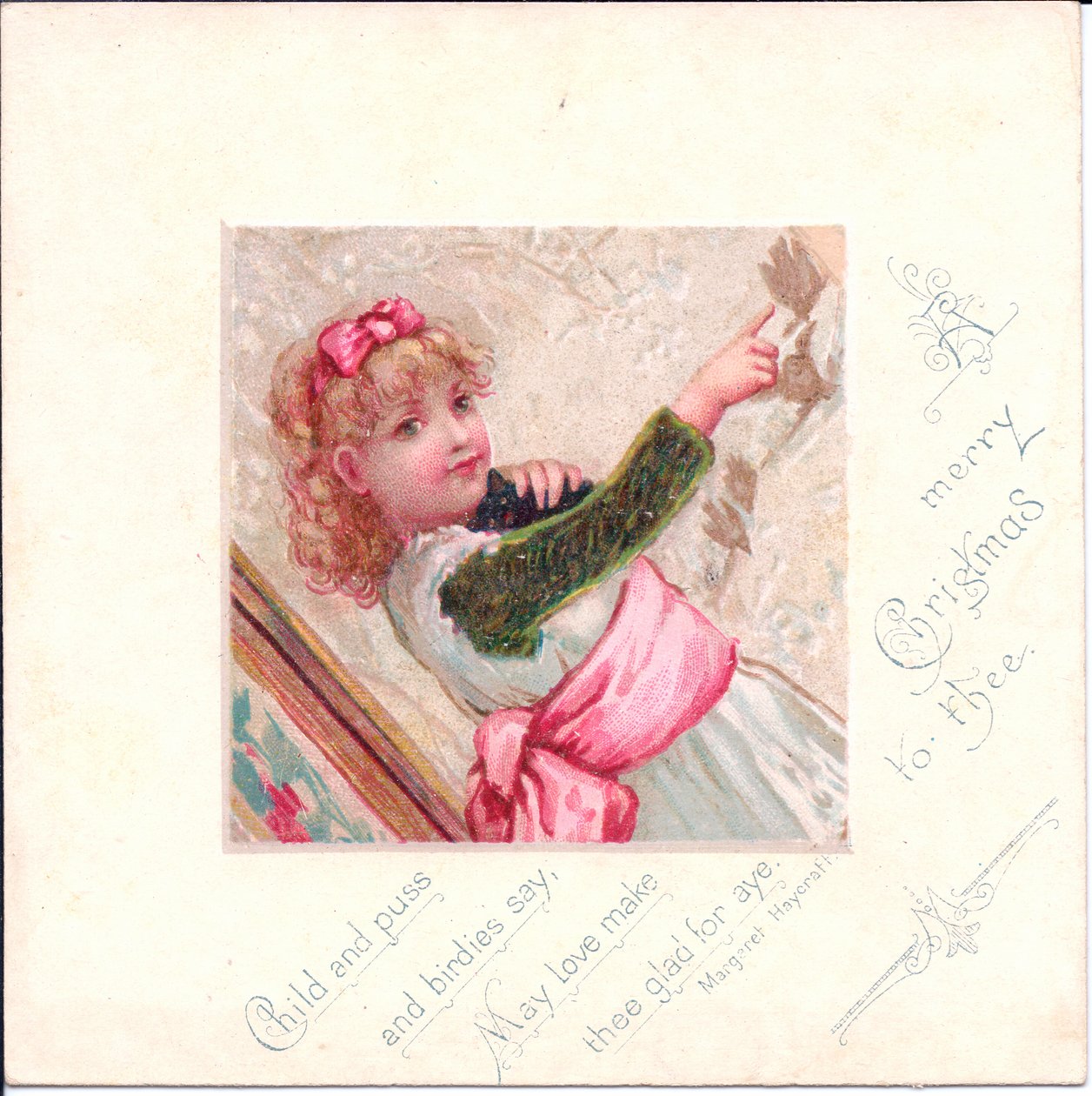 Victorian Christmas card of a young girl holding a cat and pointing a finger at something, c.1880 (colour litho) بواسطة مدرسة اللغة الإنجليزية