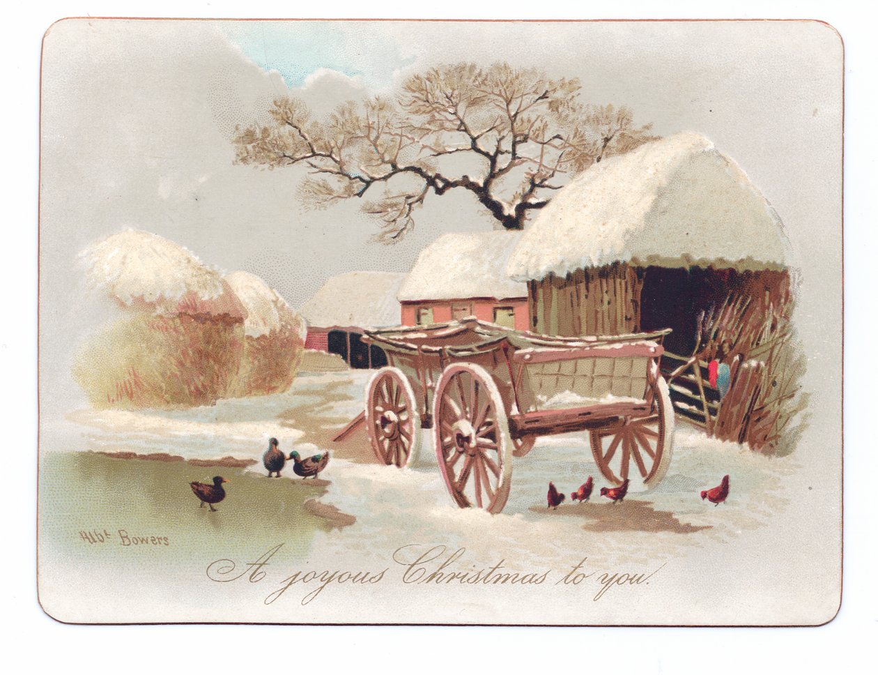 Victorian Christmas card of ducks and chicken near a pond in a farmyard, c.1880 (colour litho) بواسطة مدرسة اللغة الإنجليزية