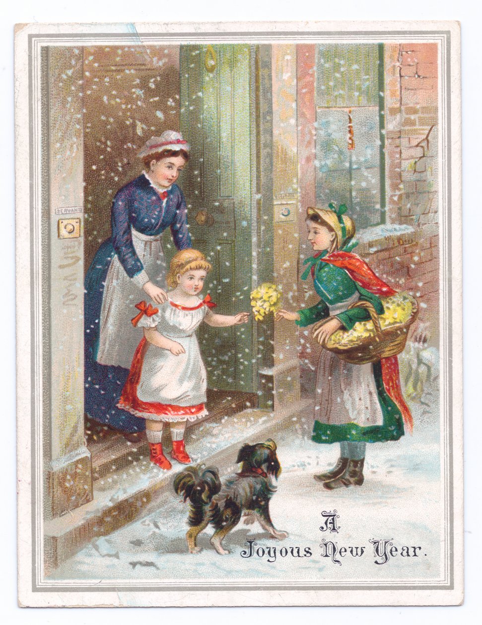 Victorian New Year card of a maid holding on to a little girl as she buys flowers from a flower seller in the falling snow, c.1880 (colour litho) بواسطة مدرسة اللغة الإنجليزية