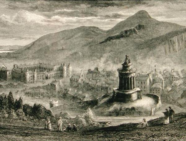 منظر من نصب بيرنز التذكاري ، كالتون هيل ، إدنبرة في حوالي عام 1880 ، من "الصور الاسكتلندية" التي نشرتها جمعية المسالك الدينية بواسطة مدرسة اللغة الإنجليزية