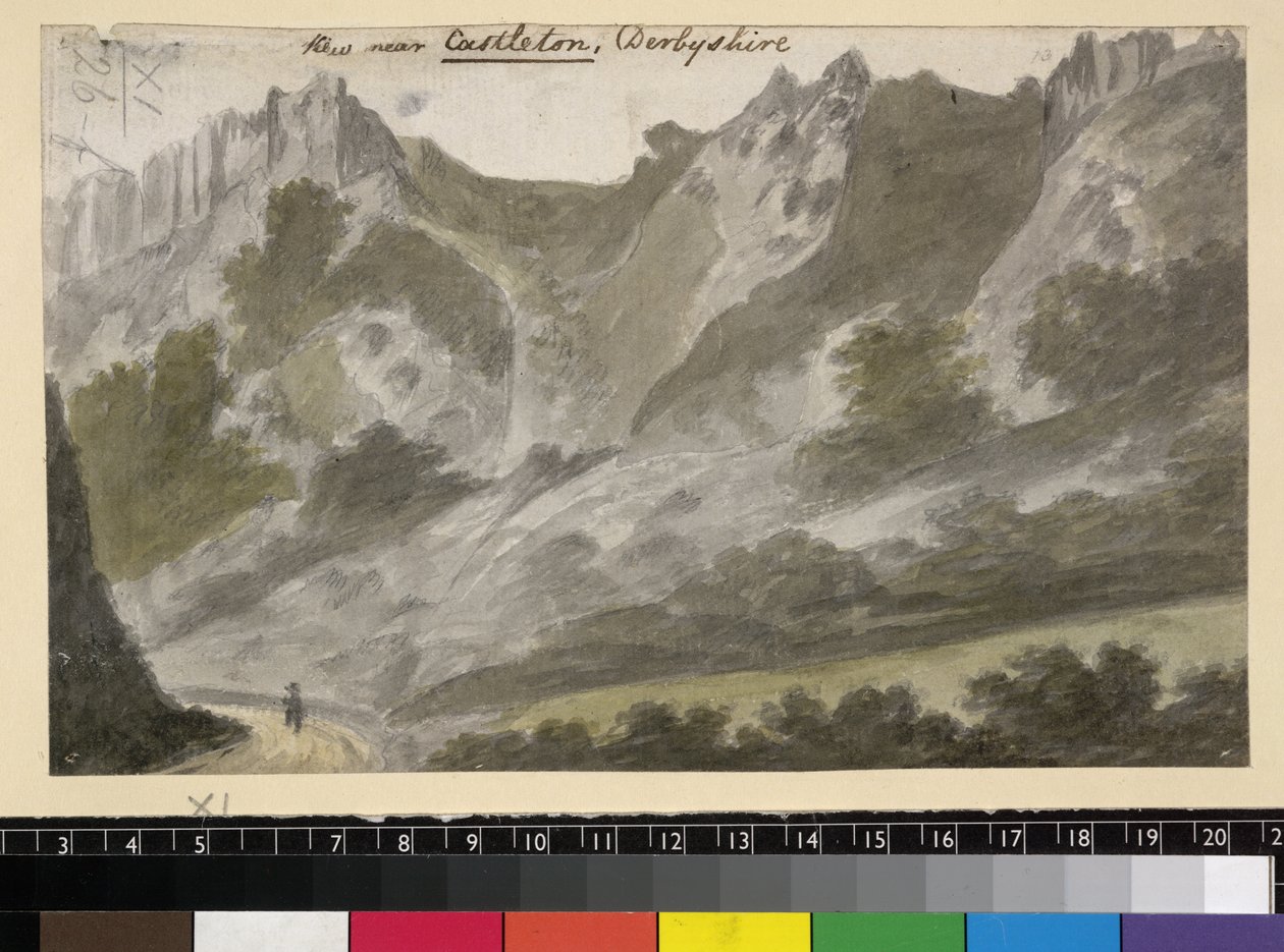 منظر بالقرب من كاسلتون ، ديربيشاير ، حوالي عام 1790 (ألوان مائية فوق قلم رصاص على ورق) بواسطة مدرسة اللغة الإنجليزية