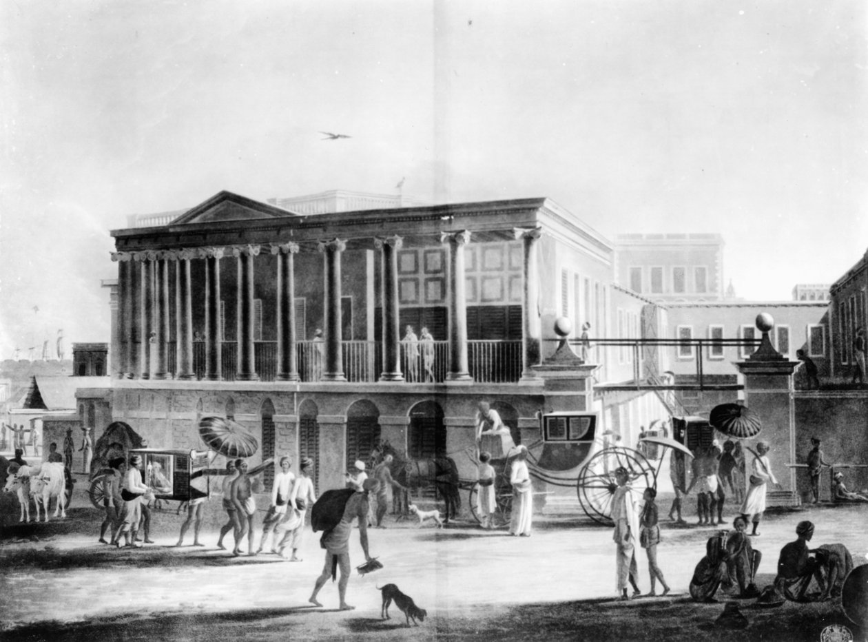 منظر لمنزل ومصنع وبازار ، في كلكتا ، منقوش بواسطة فرانسيس جوكس ، 1795 (أكواتينت) بواسطة مدرسة اللغة الإنجليزية