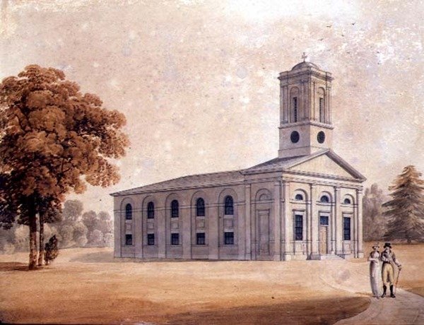 منظر لكنيسة كلاسيكية جديدة في حديقة ، حوالي عام 1790 (ألوان مائية على ورق) بواسطة مدرسة اللغة الإنجليزية