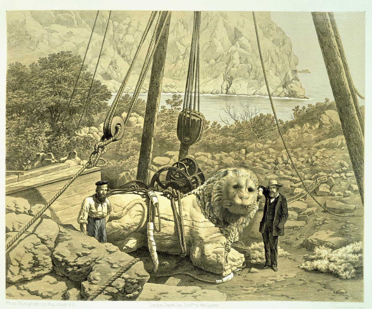 منظر لأسد ضخم يتم تربيته ، من تاريخ الاكتشافات في هيليكارناسوس ، Cnidus ، و Branchidae ، بقلم تشارلز توماس نيوتن (1816-1894) نشر 1862 بواسطة مدرسة اللغة الإنجليزية