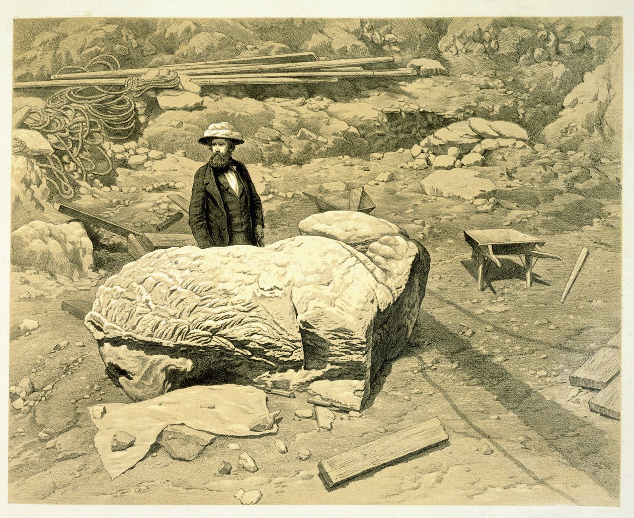 منظر لأسد ضخم على جانبه ، مع خلف نيوتن ، من تاريخ من الاكتشافات في Helicarnassus ، Cnidus ، و Branchidae ، بقلم تشارلز توماس نيوتن (1816-1894) نشر عام 1862 بواسطة مدرسة اللغة الإنجليزية