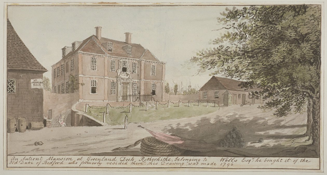 منظر لقصر قديم في حوض غرينلاند في روثيرثيث ، برموندسي ، 1796 (مرحاض على ورق) بواسطة مدرسة اللغة الإنجليزية