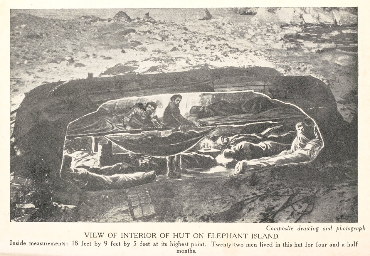 منظر داخلي لكوخ في جزيرة الفيل ، من "الجنوب: قصة الحملة الاستكشافية 1914-1917" ، بقلم السير إرنست شاكلتون بواسطة مدرسة اللغة الإنجليزية