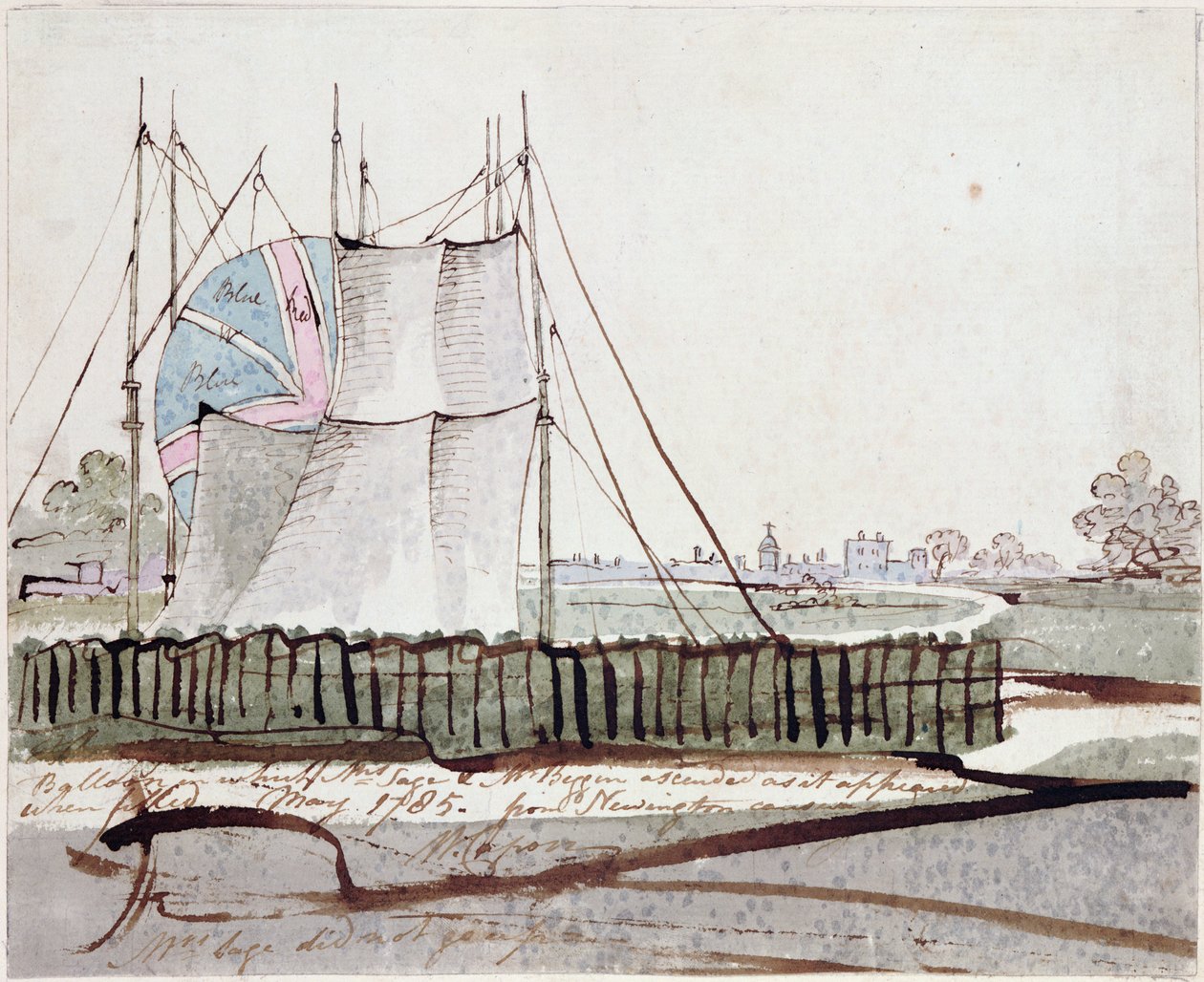 منظر للبالون في جسر نوينغاتون ، مايو 1785 (حبر ومرحاض على ورق) بواسطة مدرسة اللغة الإنجليزية