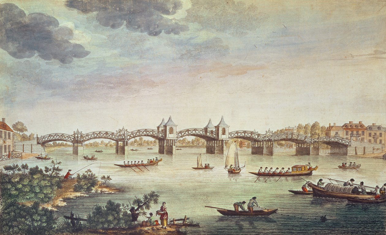 منظر للجسر فوق نهر التايمز في هامبتون كورت ، منقوش بواسطة جون بولز (fl. 1724-56) بواسطة مدرسة اللغة الإنجليزية