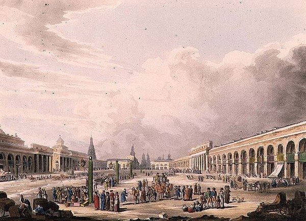 منظر للميدان الكبير مع المتاجر في موسكو ، اللوحة 3 من "رسم تخطيطي تاريخي لموسكو" ، حانة. بواسطة رودولف أكرمان (1764-1834) 1813 (أكواتينت) بواسطة مدرسة اللغة الإنجليزية