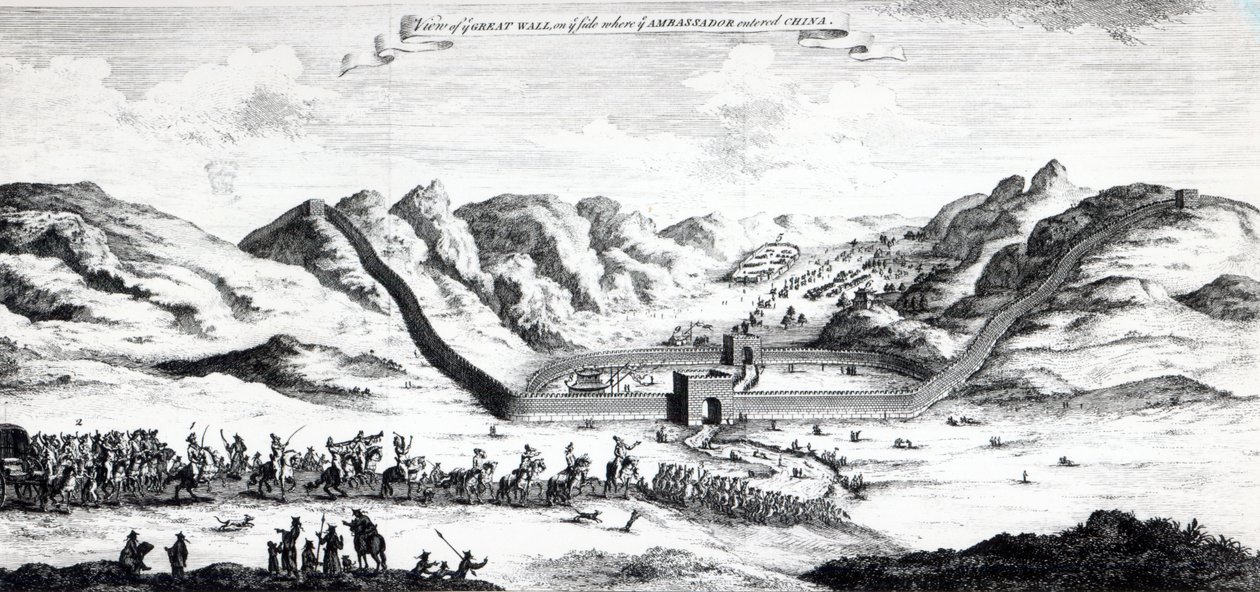 منظر للسور العظيم على الجانب الذي دخل فيه السفير الصين ، من "مجموعة من الرحلات والرحلات" لجون هاريس ، 1748 بواسطة مدرسة اللغة الإنجليزية
