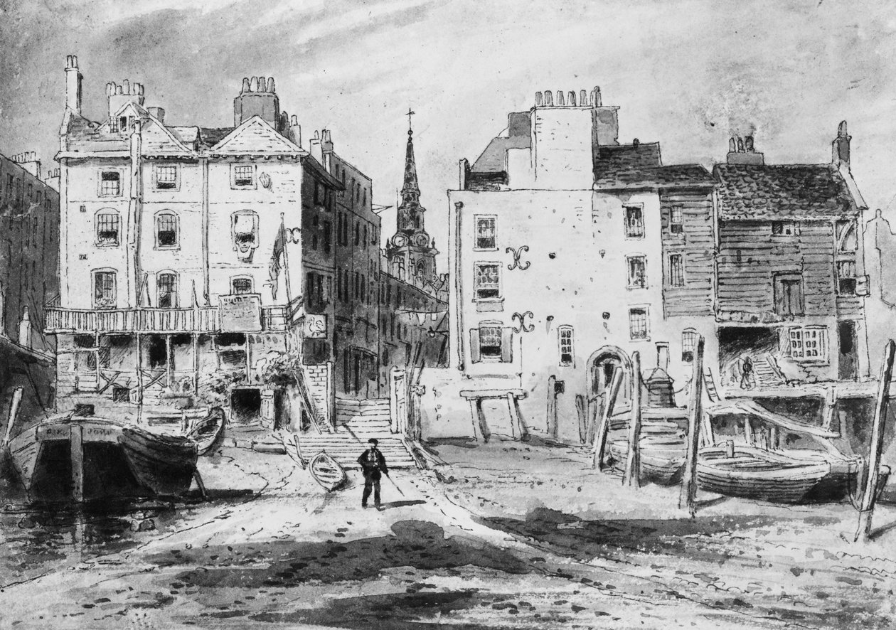 منظر درج Old Hungerford ، c.1815 (قلم رصاص ومرحاض على ورق) بواسطة مدرسة اللغة الإنجليزية