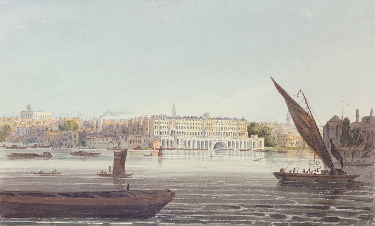 منظر لنهر جبهة منزل سومرست الجديد ، من بانكسايد ، 1796 بواسطة مدرسة اللغة الإنجليزية