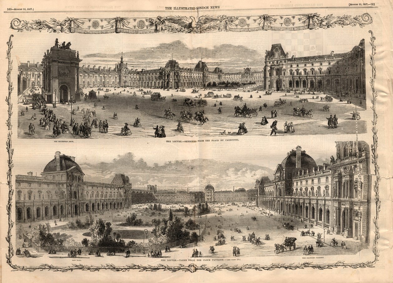 مناظر من Cour Carree du Louvre في باريس. نقش في "أخبار لندن المصورة" بتاريخ ١٥ أغسطس ١٨٥٧. بواسطة مدرسة اللغة الإنجليزية