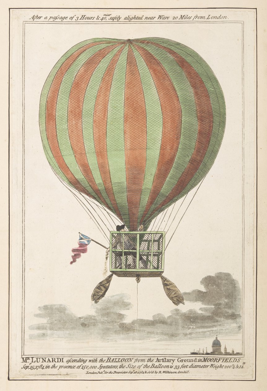 فنسنت لوناردي محمول جواً بعد صعوده من مورفيلدز ، سبتمبر 1784 (نقش ملون) بواسطة مدرسة اللغة الإنجليزية