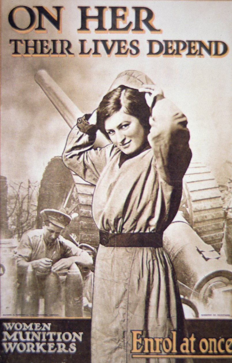 WWI poster encouraging Women Munition Workers, c.1914-18 (colour litho) بواسطة مدرسة اللغة الإنجليزية