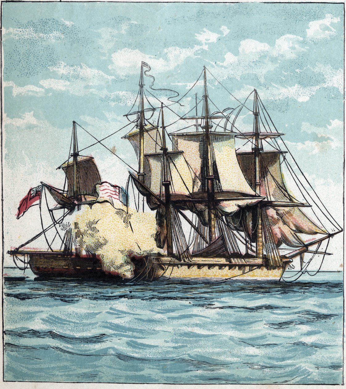 حرب 1812 بين الولايات المتحدة وبريطانيا العظمى: تشيسابيك فريجيت أثناء المعركة البحرية ضد الفرقاطة البريطانية "شانون" في 1/06/1813 قبالة بوسطن. "تشيسابيك وشانون" بواسطة مدرسة اللغة الإنجليزية