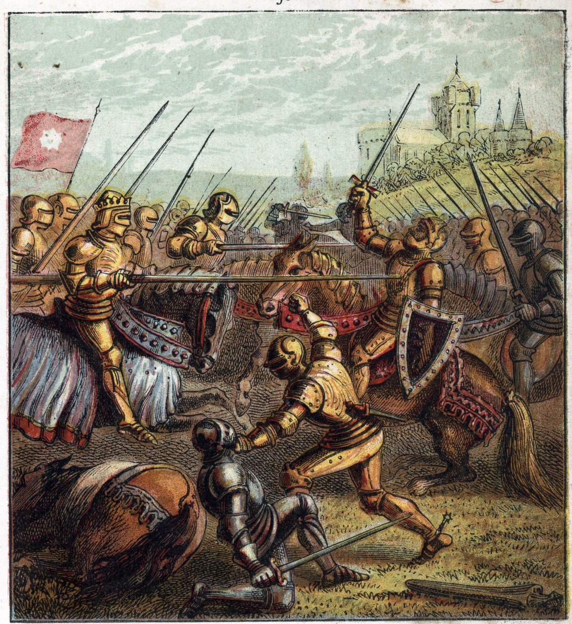 حرب الوردتين (1455-1485) ؛ معركة توكسبري (4 مايو 1471). رسم توضيحي للحرب الأهلية الإنجليزية التي ولدها تقسيم خلفاء الملك إدوارد الثالث (1327-1377) إلى فرعين. معركة توكيسبيري: المعركة الأخيرة في حرب الورد بواسطة مدرسة اللغة الإنجليزية