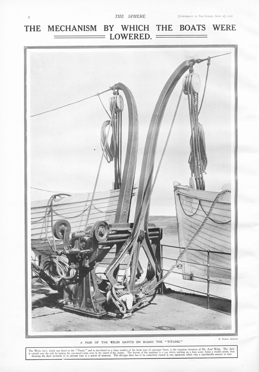 Welin davits ، الآلية التي تم بها إنزال القوارب ، من المجال ، 27 أبريل 1912 بواسطة مدرسة اللغة الإنجليزية