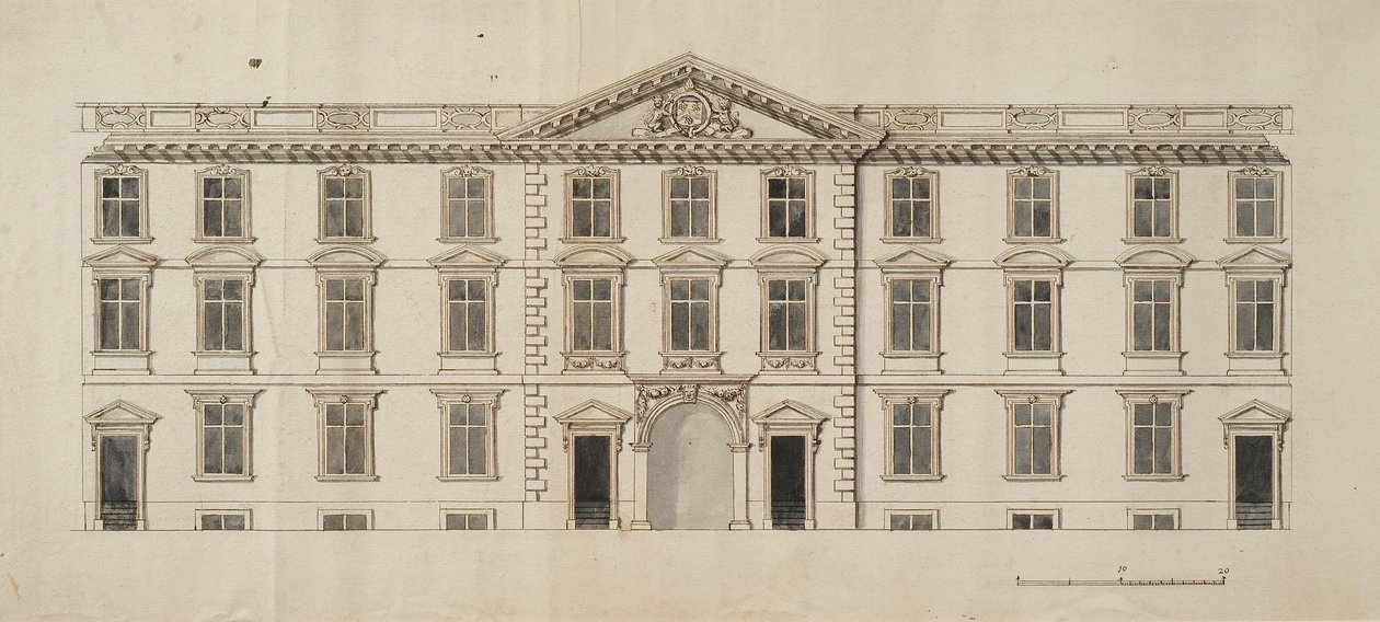 الواجهة الغربية للمبنى الجديد المقترح لـ Garden Quadrangle في New College ، c.1680 (حبر وغسل رمادي على ورق) بواسطة مدرسة اللغة الإنجليزية