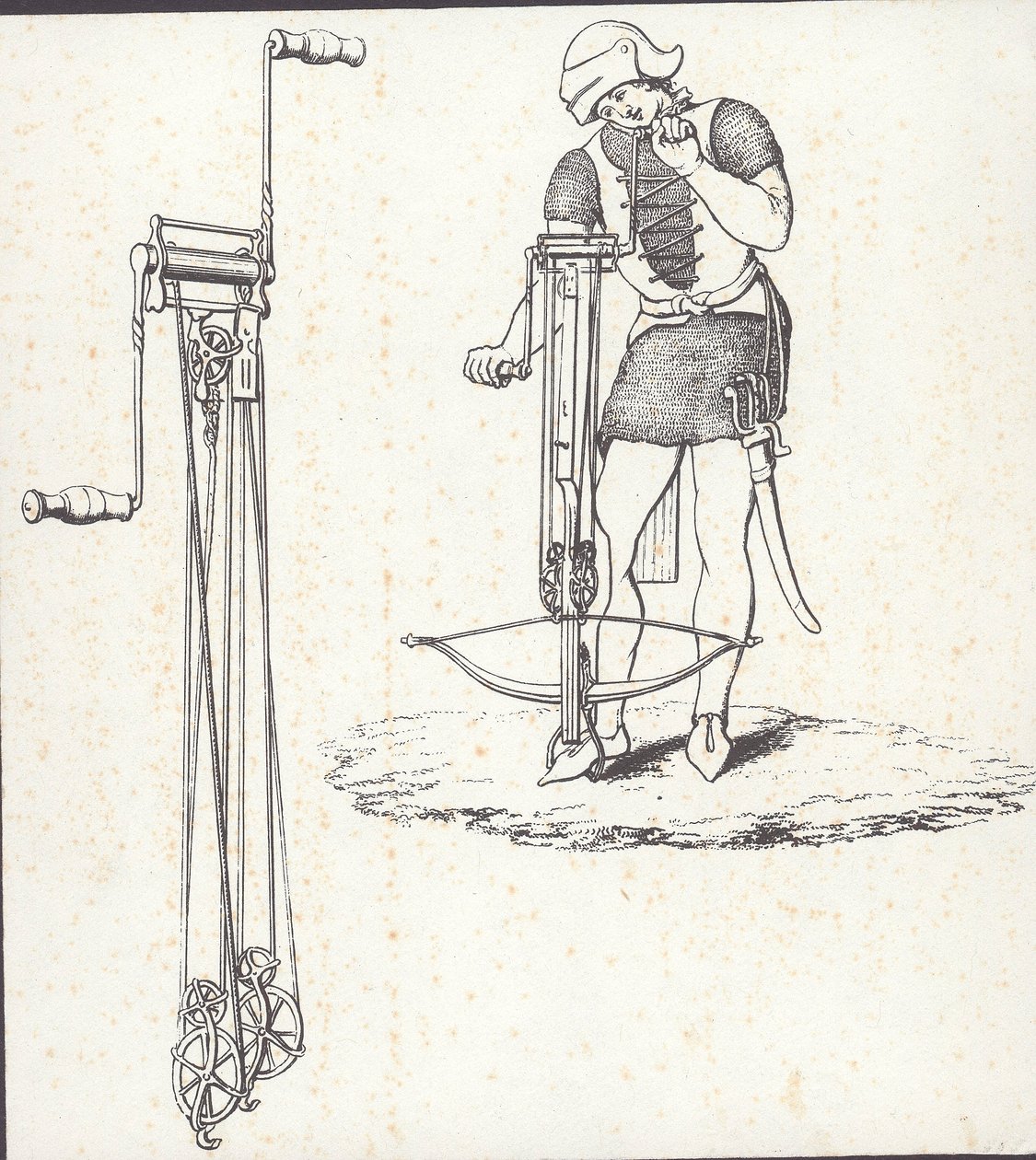 Windlass mechanism for cocking crossbow, illustration from 