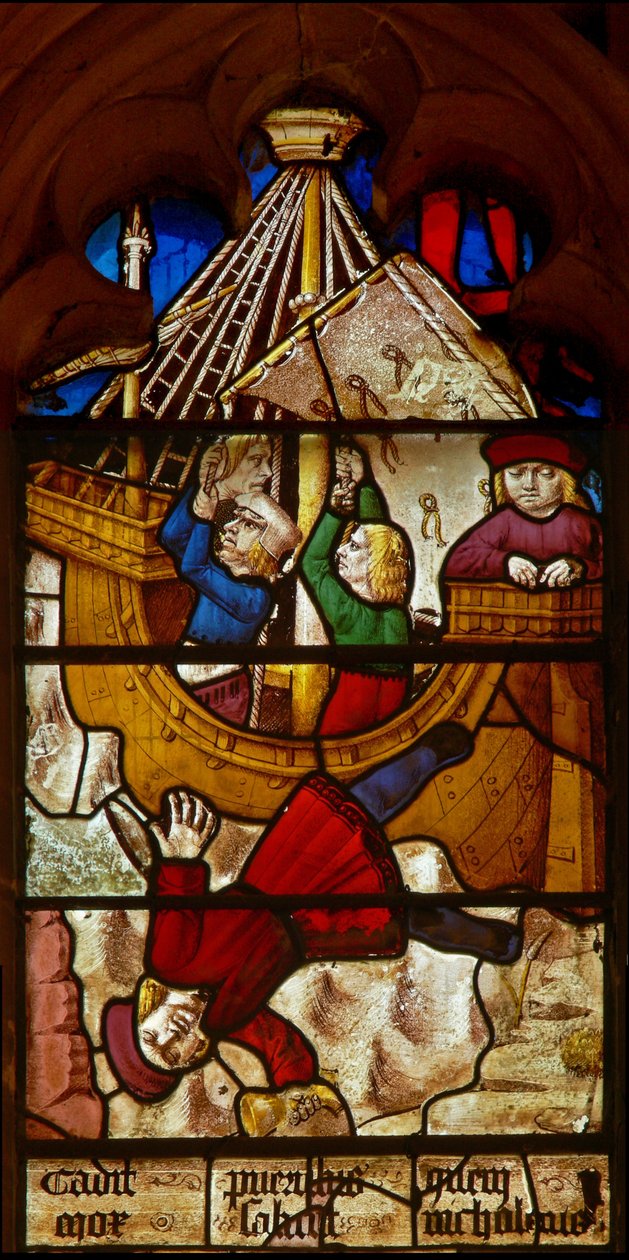 Window SaEw التي تصور مشهدًا من أسطورة القديس نيكولاس: معجزة الصبي والكأس: يقع الصبي الموكول بكأس ذهبي في البحر في طريقه إلى باري. بواسطة مدرسة اللغة الإنجليزية