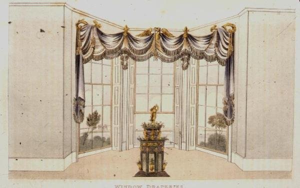 ستائر النوافذ ، اللوحة 113 من مستودع الفنون في أكرمان ، نُشرت عام 1820 (لون ليثو) بواسطة مدرسة اللغة الإنجليزية