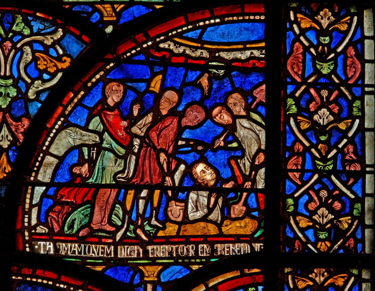 نافذة s7 تصور مشهدًا من نافذة St Thomas Becket Miracle: William of Gloucester مدفونة وكشفت بواسطة مدرسة اللغة الإنجليزية