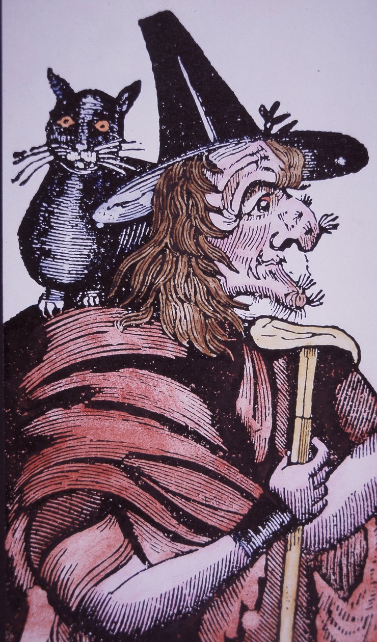 Witch with her cat familiar (woodcut) بواسطة مدرسة اللغة الإنجليزية