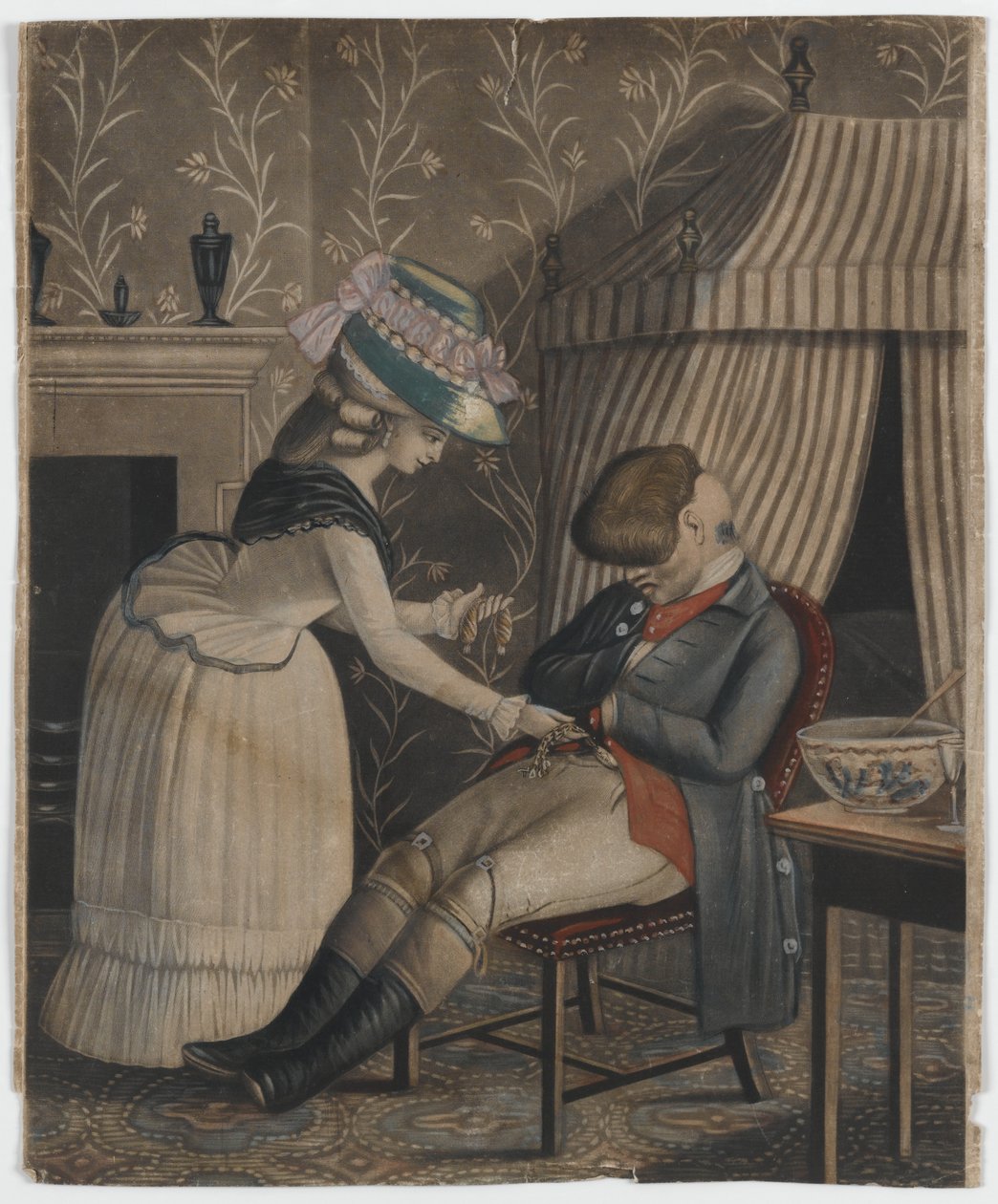امرأة تسرق محفظة تخزين وساعة جيب من رجل نائم ، c.1790 (ميزان يدوي ملون) بواسطة مدرسة اللغة الإنجليزية