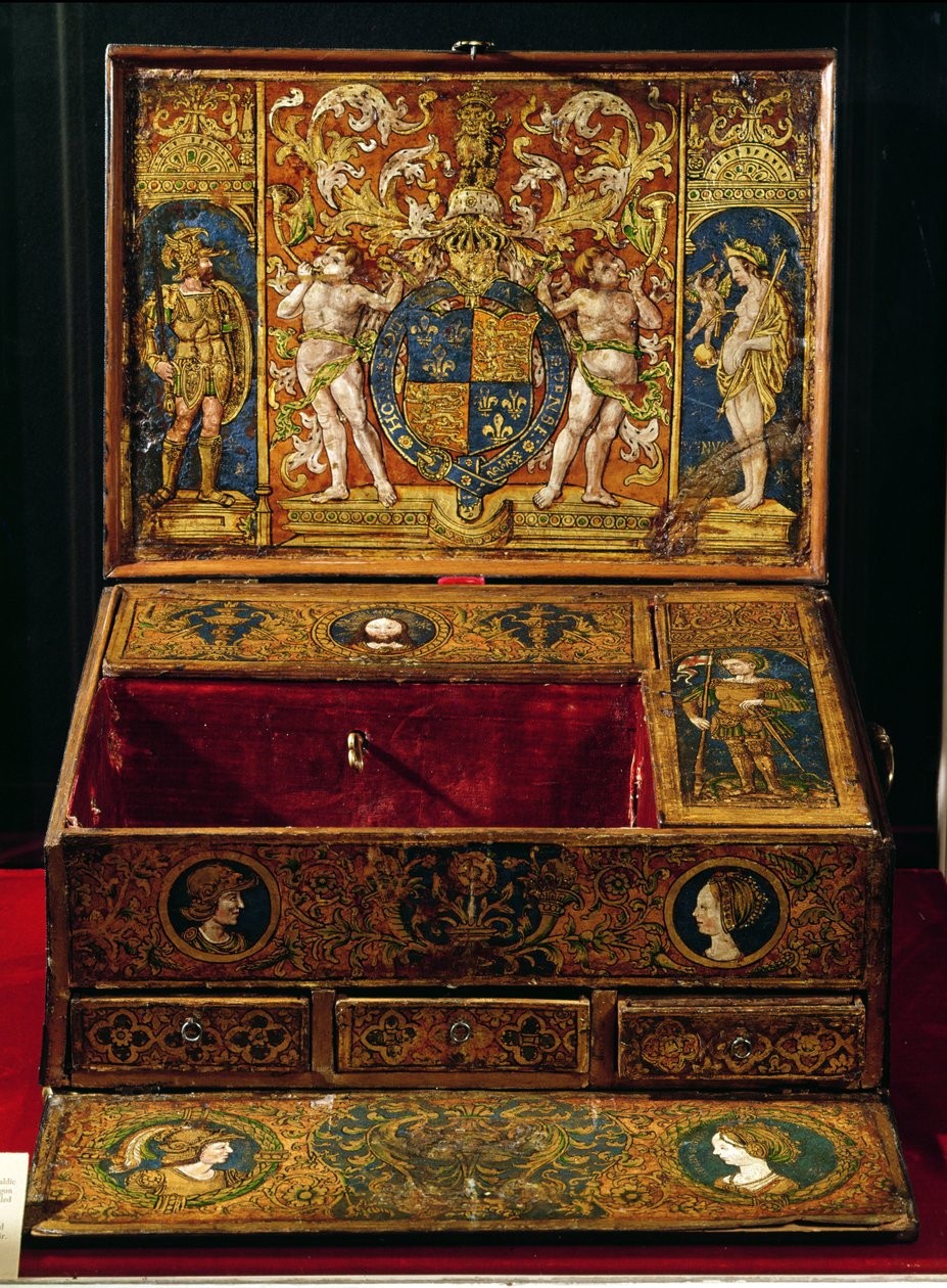 صندوق الكتابة أو مكتب الطاولة ، ربما رسمه لوكاس هورنبولتي (c.1492-1544) c.1525-27 (الجوز والبلوط مع الجلود المطلية والمذهبة) بواسطة مدرسة اللغة الإنجليزية