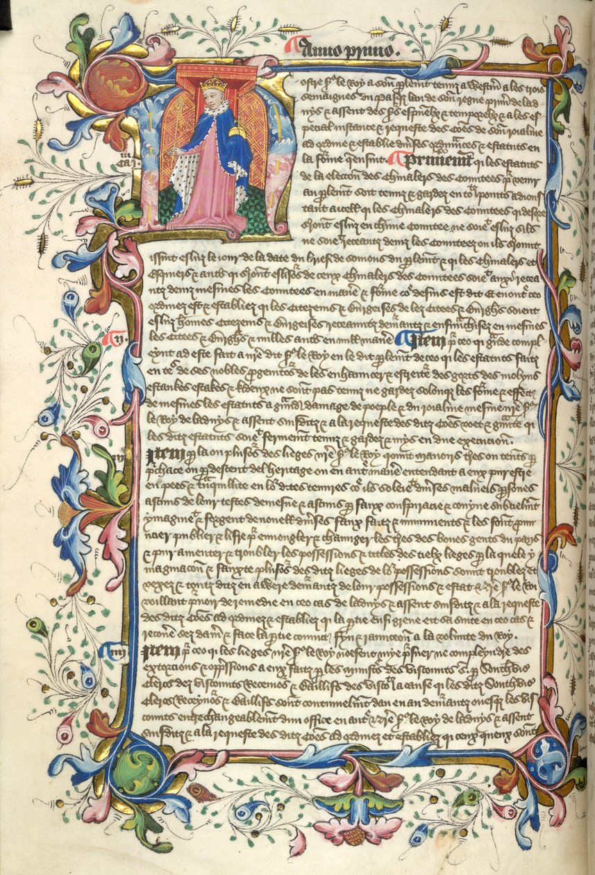 ييتس طومسون 48، f.172v الحرف الأول التاريخي quot;Nquot; (ostre) لهنري الخامس، وحدود ورقية كاملة، في بداية نظامه الأساسي، من quot;Nova Stautaquot; (الرق) بواسطة مدرسة اللغة الإنجليزية
