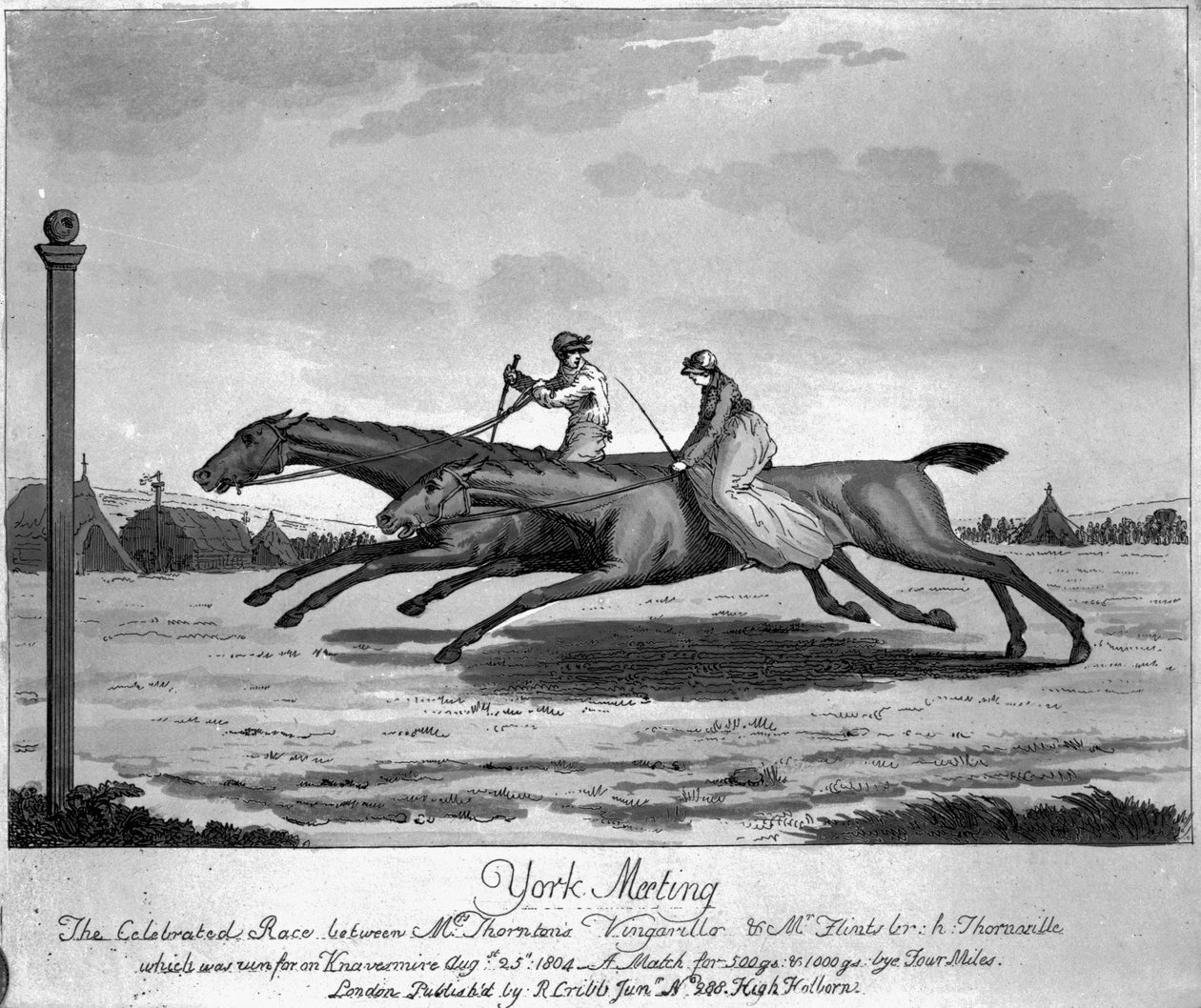 اجتماع يورك ، السباق المشهور بين &39;Vingarillo&39; للسيد Thornton و &39;Thornville&39; للسيد Flint ، 25 أغسطس 1804 (النقش) بواسطة مدرسة اللغة الإنجليزية