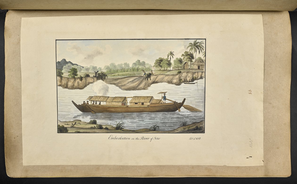 f.77 (اللوحة 88) قارب على نهر سولو (سوراكارتا ، جاوا الوسطى). 4 فبراير 1817. مكتوب بالحبر على المقدمة: "الانطلاق على نهر سولو. 4 فبراير 1812. "(ألوان مائية على ورق) بواسطة مدرسة اللغة الإنجليزية